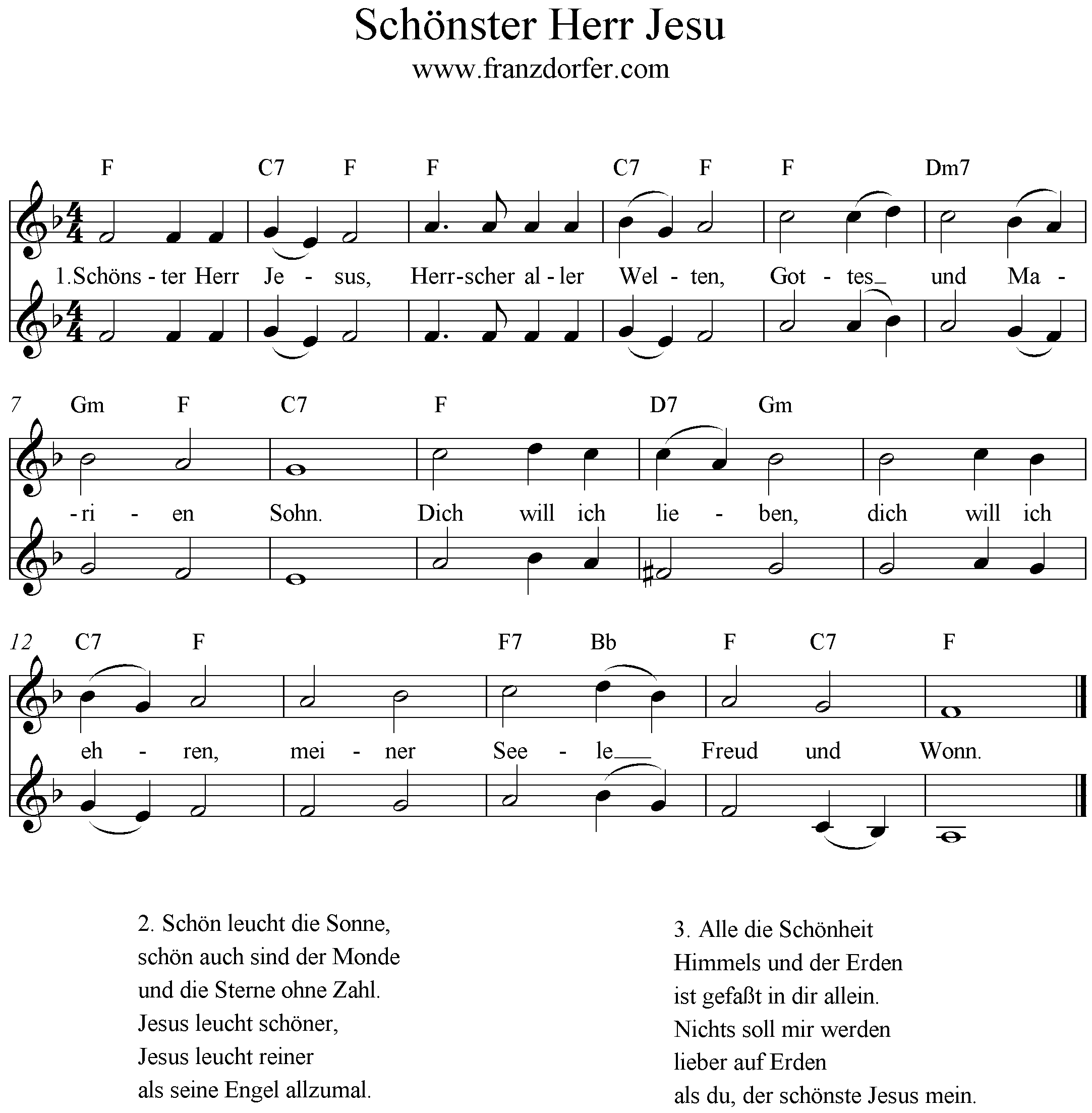 Noten, Schönster Herr Jesu , 2stimmig, F-Dur